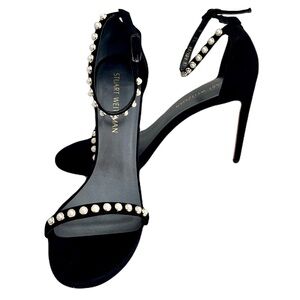 Stuart Weitzman Black Suede Pearl Trimmed Strappy Heels, Size 10